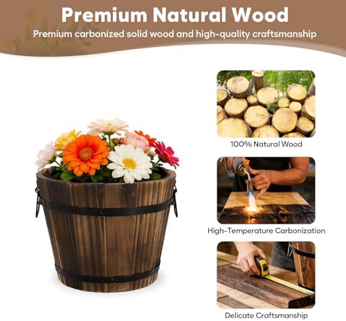 Wooden Barrel Planters, 8 inch 7 inch Plant Pot with Drainage Holes for Indoor Plants Decor, Set of 2