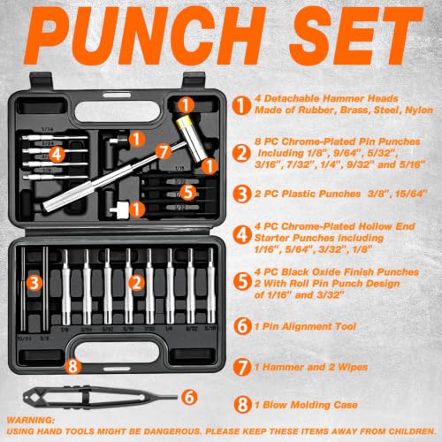 BESTNULE 24pc Punch Set and Hammer, Roll Pin Punch Set & Tweezers & Wipes