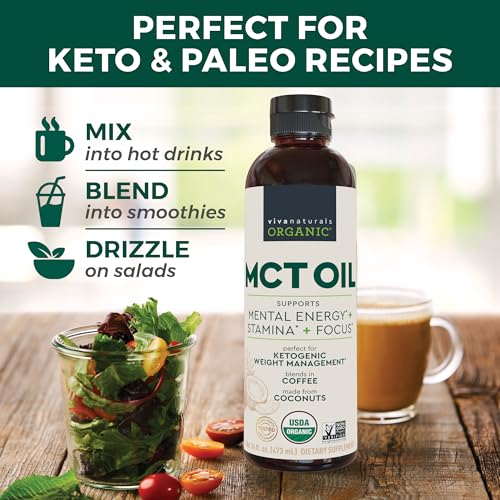 Viva Naturals Organic MCT Oil, 32 fl oz – MCT Oil for Coffee, USDA Organic, Non-GMO, Paleo Certified & Keto Friendly, Supports Energy & Mental Clarity