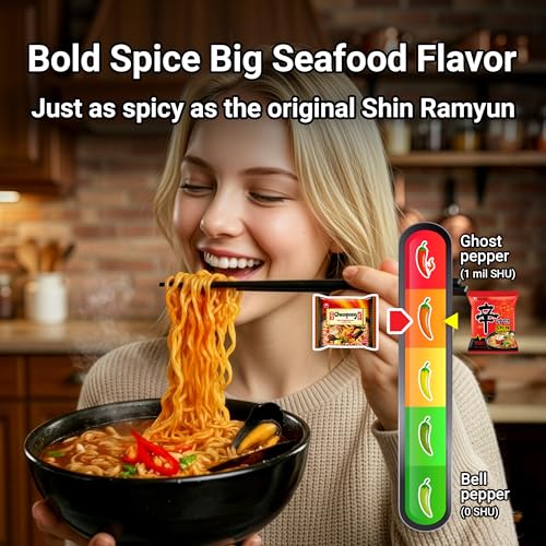 Nongshim Champong Noodle Soup, Smoky Spicy Seafood Korean Ramen, 4 Pack | Spicy seafood instant ramen with cuttlefish, mussel, scallop