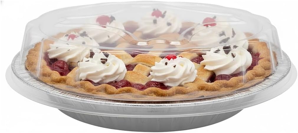 Durable Packaging 9" Aluminum Foil Pie Pan Plate Tin 1-5/16" Deep w/Clear Plastic Dome Lid Cover (Pack of 12)