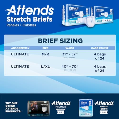 Attends Stretch Adult Incontinence Disposable Briefs, Large/X-Large, 40"-70" Waist with SecureGrip Tab Closure, Ultimate Absorbency with Dry-Lock Containment Core and Breathable Side Panels, 96ct Case