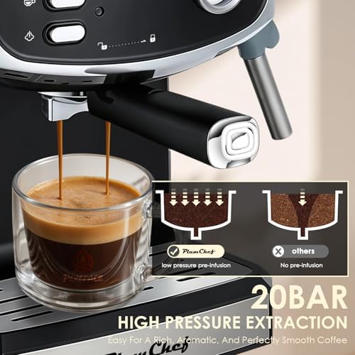Plum chef Espresso Machine 20 Bar, Household Coffee Maker with Milk Frother Steam Wand, Pressure Gauge, 54oz Large Water Tank, Low Noise Fast Brew for Cappuccino Latte Macchiato Home Office