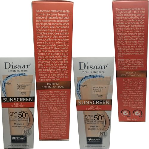 DISAAR BEAUTY Sunscreen SPF 50 PA+++ SPF 50+ Foundation Face Cream Body Skin Protection Anti-Aging Oil Control Moisturizing Care Removes Peeling 40g