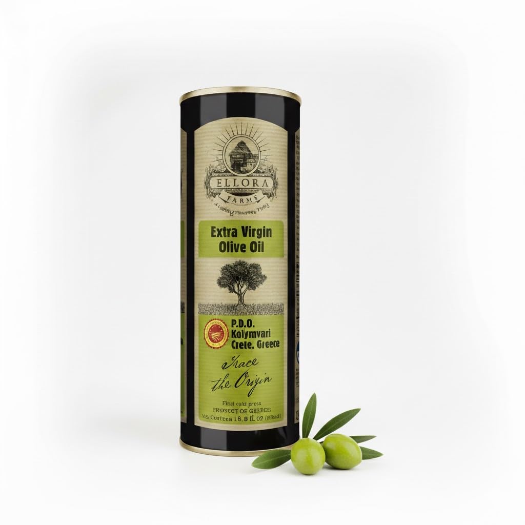 Ellora Farms Olive Oil Extra Virgin, Traceable & Certified PDO Polyphenol Rich Extra Virgin Olive Oil Cold Pressed, Global Gold Awards, Kosher, Single Origin from Crete, Greece 33.8 Fl oz, Pack of 2
