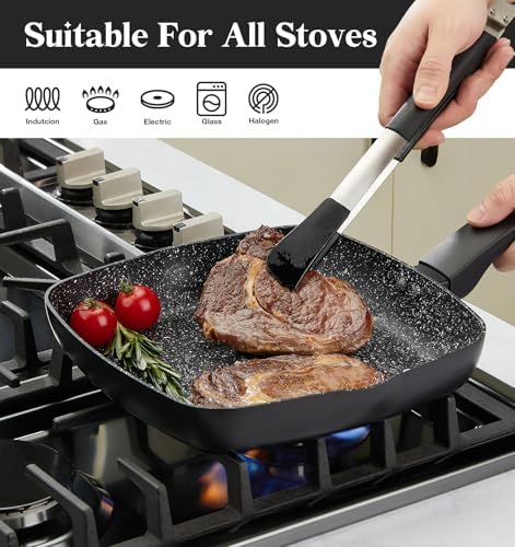 KOCH SYSTEME CS 9.5 Inch Nonstick Grill Pan for Stove Tops, Marble Coating Square Grill Skillet with Lid, Fry Pan Compatible with all Stoves