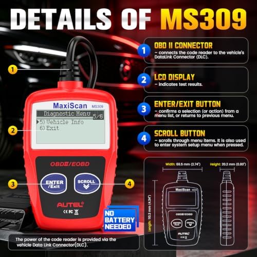 Autel OBD2 Scanner MS309 Universal Car Engine Fault Code Reader, Check Engine Light and Emission Monitor Status, OBDII CAN Diagnostic Scan Tool