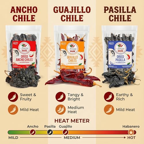 Dried Chile Peppers Variety Pack 12oz Ancho Guajillo Pasilla Mexican Chili