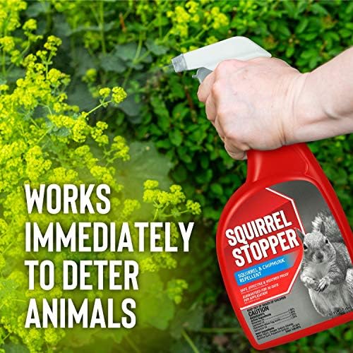 Squirrel Stopper Repellent Spray - Chipmunk & Squirrel Deterrent for Bird Feeders, Garden & Homes - Weather-Resistant Formula - Scent, Taste & Touch Barrier - Safe Around Kids & Pets - 32oz