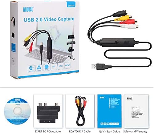 VHS to Digital Video Capture - August VGB350 - External USB Video Capture Card Video VCR to DVD Converter Transfer VHS Home Videos to PC Audio