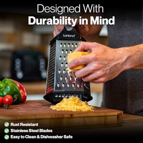 Cheese Grater with Container, Handheld Shredder, Zester (6 in 1) | 6 grating functions, coarse, medium, fine, micro, slicer blades, non-slip base