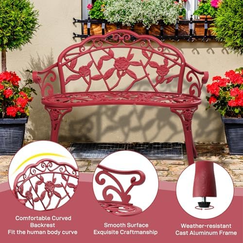 VINGLI 38.5" Patio Park Garden Outdoor Metal Rose Bench, 2-Person Cast Iron Cast Aluminium Frame Antique Finish Chair,Accented Lawn Front Porch Path Yard Decor Deck Furniture (Bronze, Rose)