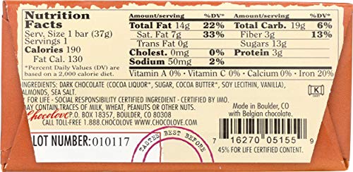 Chocolove Chocolate Bar, Almonds & Sea Salt in Dark Chocolate, 1.3 Ounce (Pack of 12)