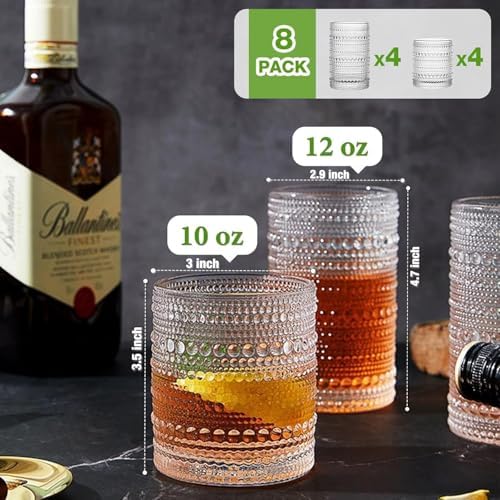 Hlukana Vintage Hobnail Drinking Glasses Set of 8, 12 oz Highball Glasses & 10 oz Cocktail Glasses Set, Kitchen Water Glasses Cup