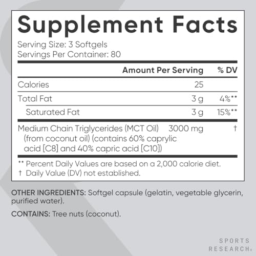 Sports Research® Coconut MCT Oil 3000mg, 120 Softgels | Coconut Derived C8 & C10 Medium Chain Fatty Acids (MCT'S) | Travel-Friendly Softgels, Keto, Paleo, & Gluten-Free