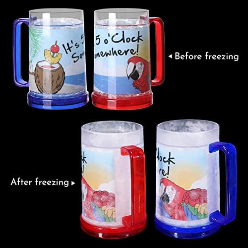 It's 5 O'Clock Somewhere Party Parrot Double Wall Gel Frosty Freezer Ice Mugs Clear 16oz Set of 2