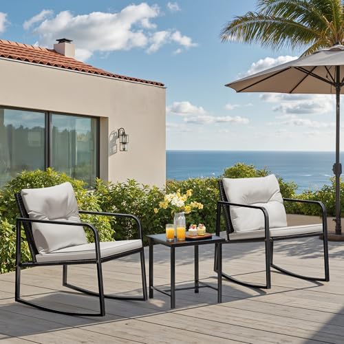 Greesum 3 Pieces Rocking Wicker Bistro Set,Patio Conversation Sets,Beige