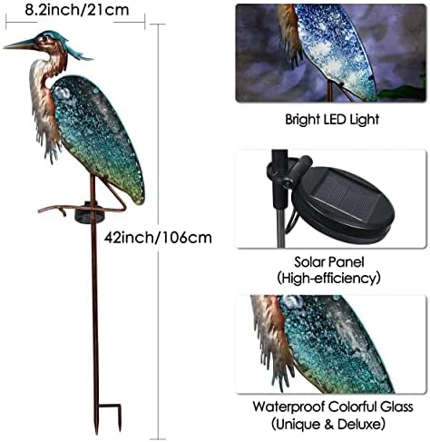 TERESA'S Collections Garden Decor for Outside Blue Heron Solar Lights, 42" Glass Lawn Ornaments with Outdoor Lights Decorative Stake