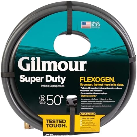 Gilmour Flexogen 5/8 in x 50 ft Garden Hose, Heavy Duty Water Hose, Flexible and Kink Resistant Outdoor Hose, Gray | 8-layer heavy duty build