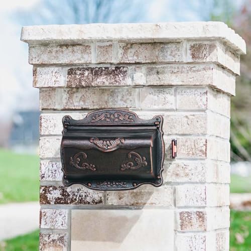 Antique Bronze Finishing Cast Aluminum Wall Mounted Mailbox, Weather-Resistant, Elegant Vintage Design. Size: 17.5" D x 5.3" W x 12.25" H. Includes 4 Pieces Finish Mounting Screws