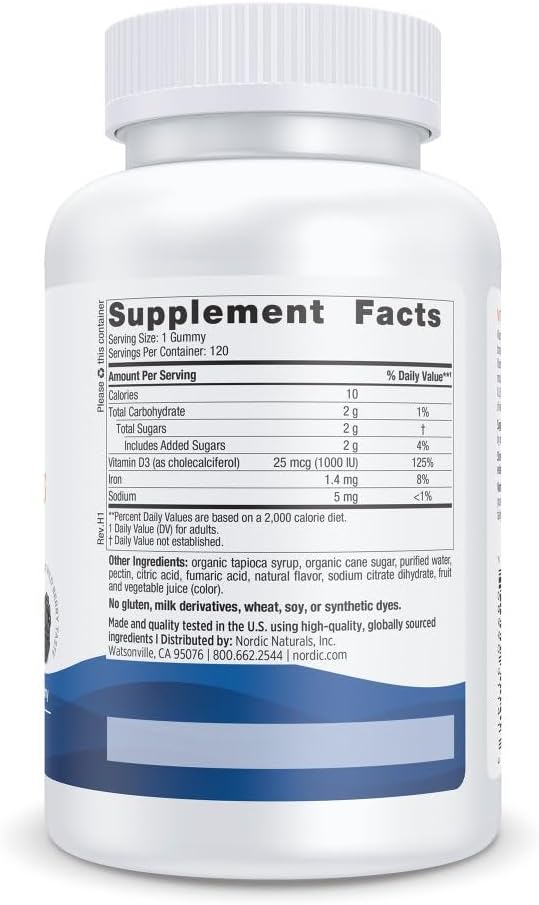 Nordic Naturals Vitamin D3 Gummies,1000 IU D3 + Iron, Wild Berry - 120 Count
