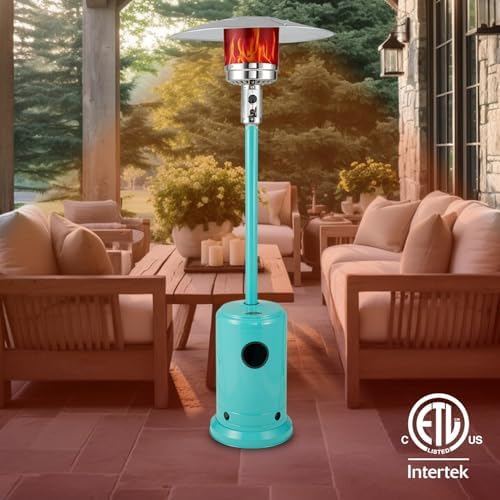 Fire Sense 61130 Patio Heater with Wheels, 48,000 BTU, Aqua Blue | Electronic Ignition System, Portable Outdoor Propane Heater, All Seasons