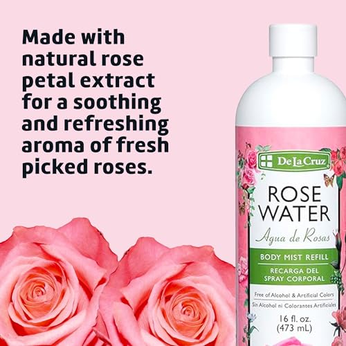 De La Cruz Rose Water Body & Hair Mist, 8 fl. oz Spray (236 mL) | Rose Water Spray, With Rose Flower Extract, Face, Hair & Body Mist, Home Mist, Alcohol Free, Refreshing & Soothing