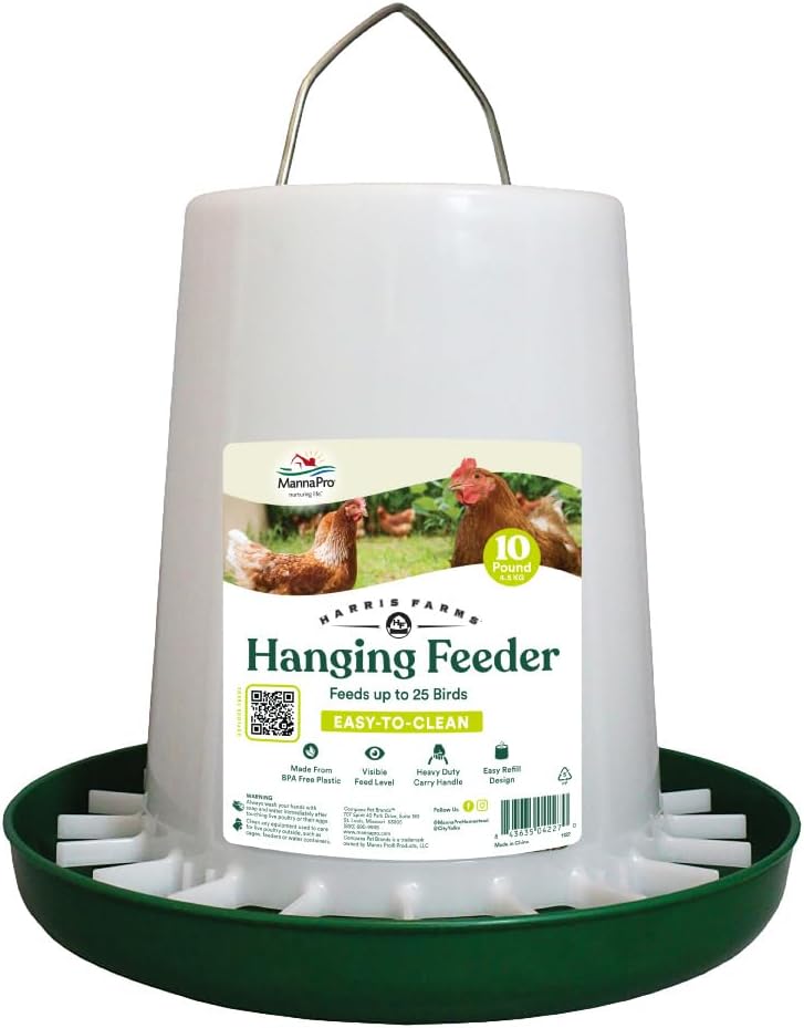 Harris Farms Hanging Poultry Feeder with Twist Lock Base, 10 lb Capacity | Feeds Up to 25 Birds, Hanging Design Helps Reduce Feed Waste