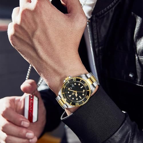 FANMIS Men's Two-Tone Stainless Steel Quartz Watch, Rotating Bezel and Date | Green Dial, Luminous Hands and Markers, Magnified Date Window, Fold-Over Safety Clasp, 30M Water Resistant for Everyday Wear.