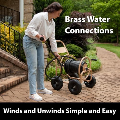 Liberty Garden Industrial 4 Wheel 300 Foot of 0.625 Inch Hose Steel Frame Water Hose Reel Cart for Backyard, Garden, or Lawn, Beige