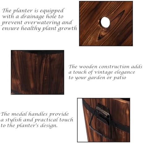Rustic Wooden Whiskey Barrel Planter with Durable Medal Handles and Drainage Hole - Perfect for Indoor and Outdoor Plants, Herbs, and Vegetables - Medium