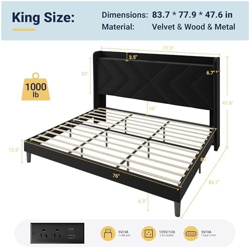 Allewie Full Size Platform Bed Frame with Charging Station and Storage Shelf/Upholstered Velvet Wingback Headboard/Wooden Slats Support/No Box Spring Needed/Easy Assembly, White