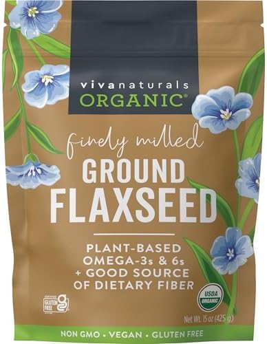 Viva Naturals Organic Ground Flaxseed, 15 oz (425 g) – Plant-Based Protein, Vegan Omega-3 & Fiber, Finely Milled Flax Seeds, Perfect for Smoothies & Baking