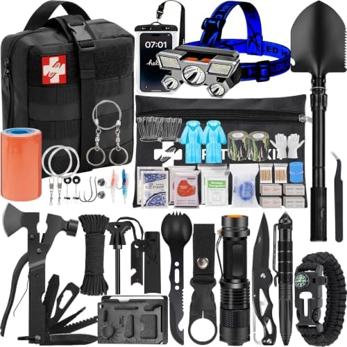 Emergency Survival Kit and First Aid Kit, Camping First Aid Survival Kit with Molle Pouch for Preparedness Outdoor Adventure, Black