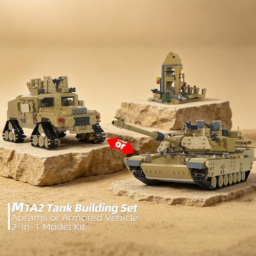 M1A2 Abrams Tank Building Set 1:28 Scale Military Model Kit 2-in-1 Vehicle | Armored Vehicle with Ruin Buildings Soldier Figures Army Blocks Toy Set