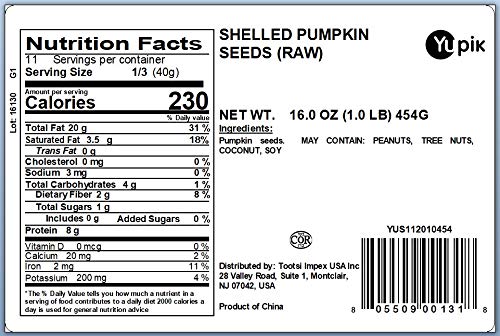 Yupik Raw Pumpkin Seeds, No Shell, 1 lb (16 oz), GMO-Free, Gluten-Free, Kosher, Shelled Pepitas, Salt-Free, Oil-Free, Plant-Based Protein, Source of Fiber, Healthy Snacks, Ideal for Baking & Topping