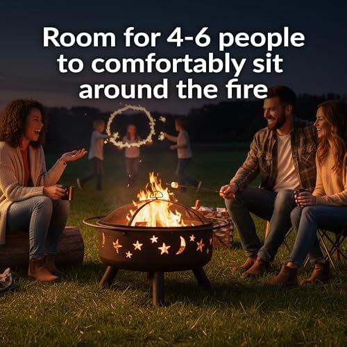 Sunnydaze Cosmic 30" Fire Pit with Cooking Grate for Outside, Wood Burning | Bronze, Heavy Duty Steel Metal, Includes Spark Screen & Poker, Round Outside Firepit for Patio, Deck, Backyard BBQ, Bonfire
