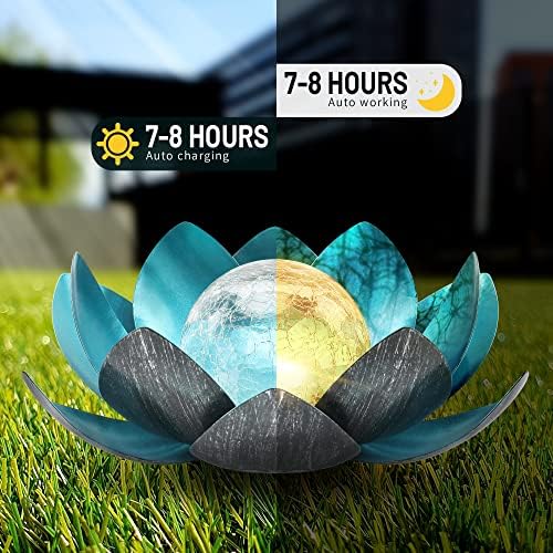 Outdoor Solar Lights, Garden Decor, Crackle Glass Globe, Waterproof Metal Lotus Flower Light for Patio, Lawn, Walkway, Tabletop, Ground
