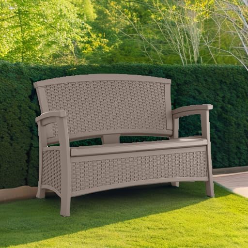 Suncast Outdoor Wicker Love Seat with 23-Gallon Storage, Comfortable Seating for Two, Ergonomic Back Support, All-Weather Furniture for Patio, Deck, and Garden, Java, Made in the USA