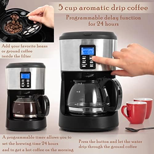 Mixpresso 5-Cup Drip Coffee Maker, Automatic Brew Coffee Pot Machine with Built-In Burr Coffee Grinder