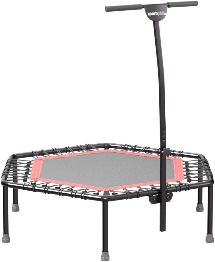 SportPlus+ Indoor Trampoline, Blue/Green/Red, Rebounder Home Fitness Trampoline with Height Adjustable Bar