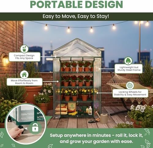 4 Tier Mini Greenhouse - Portable Greenhouse with Locking Wheels and PVC Cover for Indoor or Outdoor Green House by Pure Garden