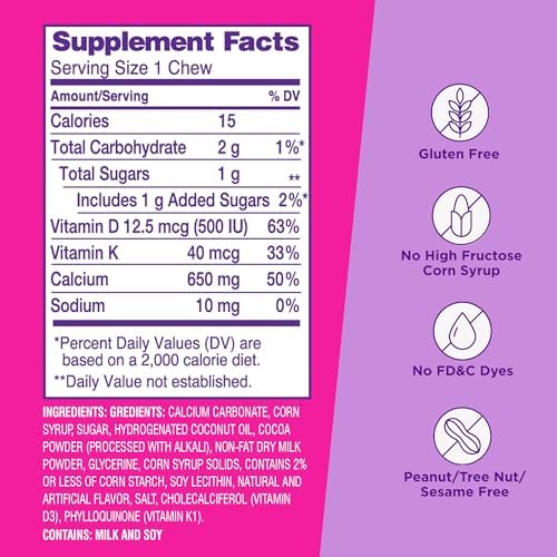 Viactiv Calcium + Vitamin D Supplement Soft Chews for Women & Men - Chewable Calcium for Bone Health Support, 650 mg per Serving, Vitamin D & K for High Absorption - 60 Count, Caramel