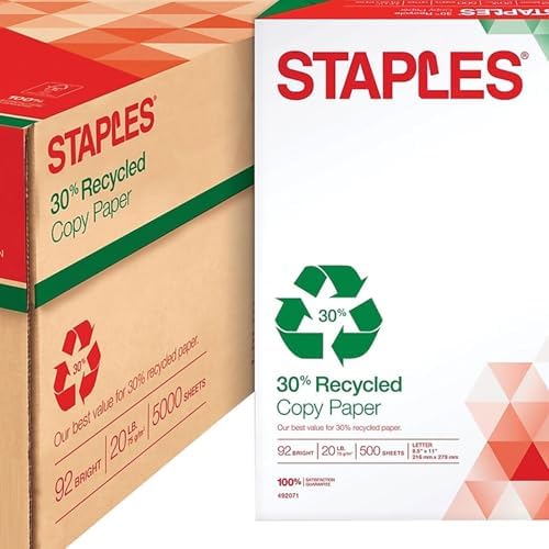 Staples 30% Recycled 8.5-Inch X 11-Inch Copy Paper 20 Lbs 92 Brightness 500/Ream, For Office, School & Home