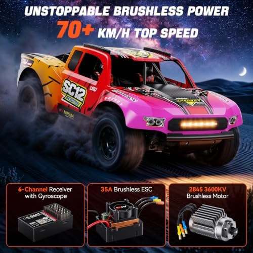 1/12 Brushless Remote Control Car RTR, 42MPH (70+Km/H 4WD Rc Short-Course Truck, Amateur-Level Rc Drift Car, Equipped with 3s 2200 Mah Battery, All-Terrain Tires, Suitable for Adults-RED