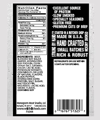 Wild Bill's Hickory Smoked Beef Jerky Strips, 30 Ct, 15 Oz | Keto, Low-Carb And High-Protein, Made In The USA, USDA Inspected, Marinated In Soy Sauce, Garlic, Black Pepper, Chewy Texture