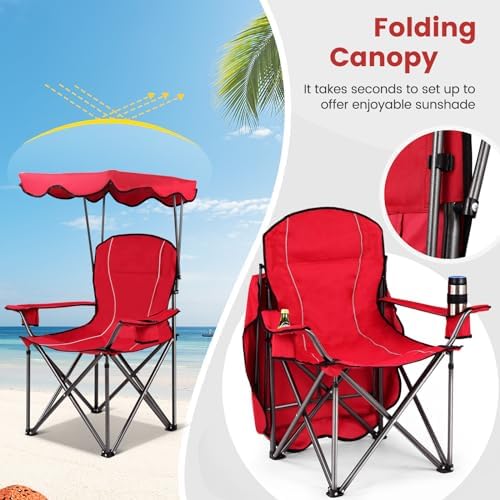 Goplus Camping Chair with Canopy Shade, Folding Lawn Chair with Umbrella Cup Holder & Carry Bag, Portable Sunshade Chair for Adults for Beach Outdoor Travel Hiking Fishing (Red)