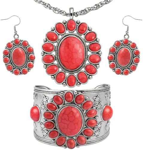 Shop LC Howlite Western Jewelry Set for Women Boho Cowgirl | 3-Piece Necklace Bracelet Earrings, Turquoise-Inspired, Chunky Statement, Southwestern