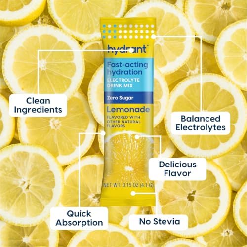 Hydrant Hydrate No Added Sugar, Individual Hydration Electrolyte Powder Stick Packets with Zero Sugar and Electrolytes for Rapid Hydration (Lemonade