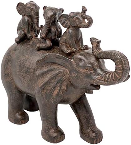Nature's Mark 8" H 3 Baby Elephants Riding an Elephant Resin Statue Figurine Home Decorative Accent Decor (Brown)
